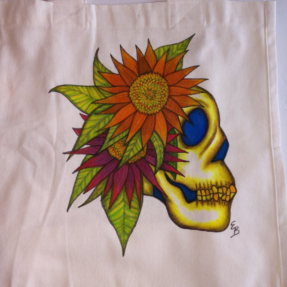Hand-Painted Skull Tote Bag: Sunflowers Art Canvas Reusable Bag 14x13x7